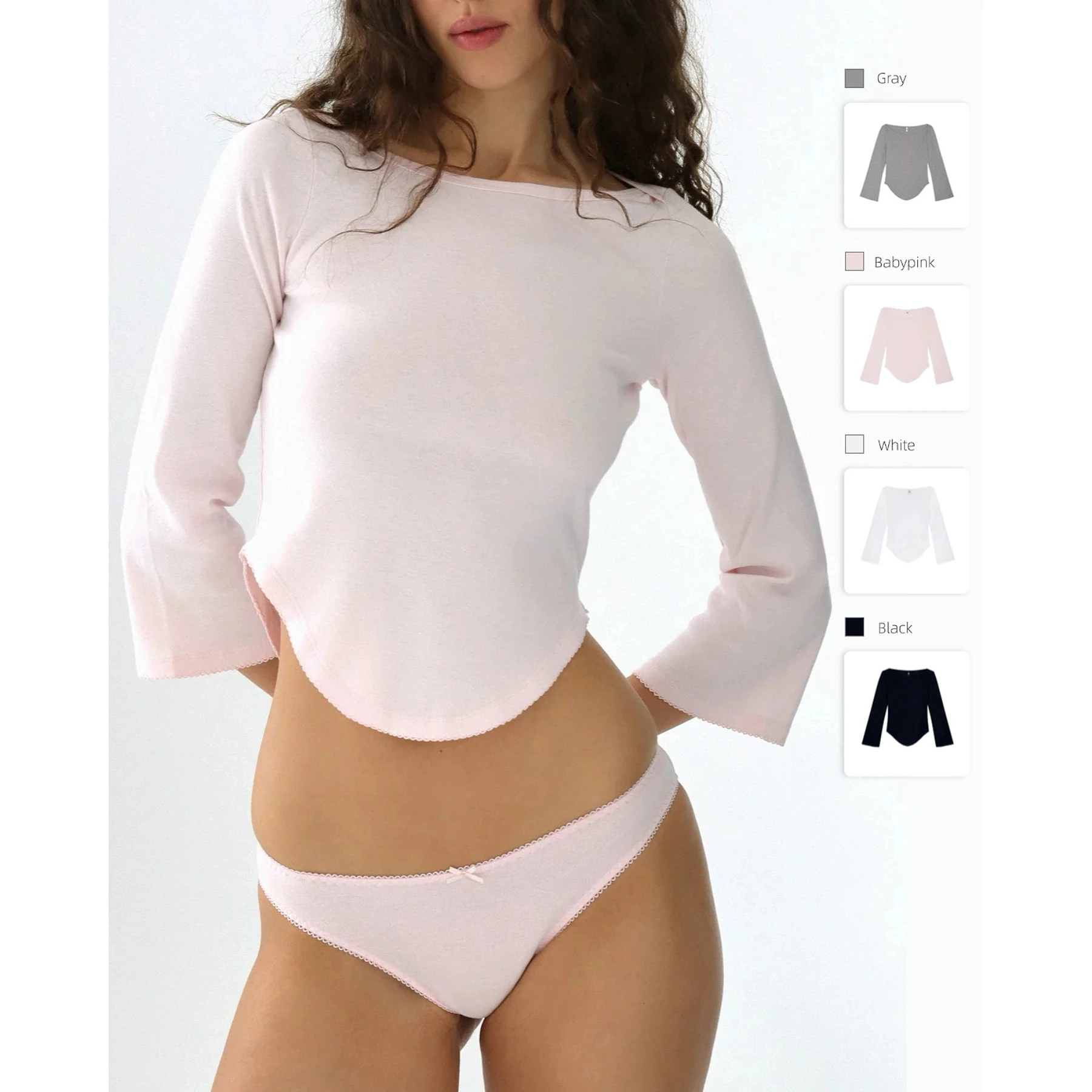 COUCOU Grey and Pink 3/4 Sleeve Tunic, Slim Boat Neck Bell Sleeve Design Sensation Top