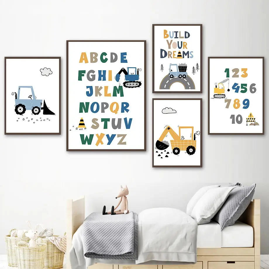 الكرتون الأبجدية 123 رافعة حفارة جرار جدار قماش رسم مطبوع اللوحة الشمال المشارك الحضانة صور الطفل غرفة الاطفال ديكور