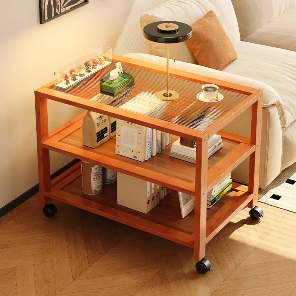 Modern Minimalist Mobile Side Table Multi-Layer Glass Storage Shelf Small Nightstand for Bedroom