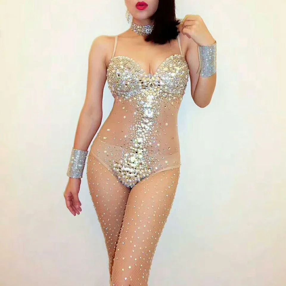 Sexy Transparent Rhinestones Bodysuit Women Singer Stage Performance Costume birthday photoshoot Luxurious Pearls Dress