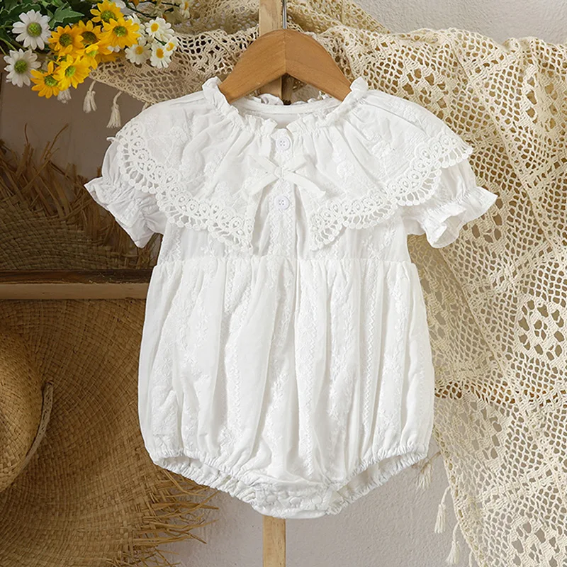 Princess Style Baby Girl Romper Floral Embroidery Short Sleeve Newborn Crawling Suit Full Bottom Cover Baby Month Celebration Ou