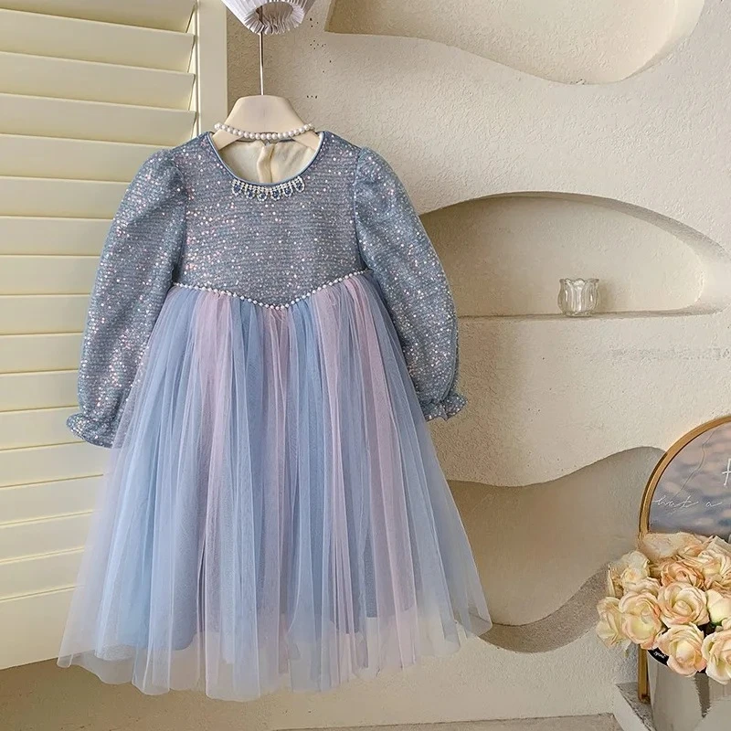 Girls' Autumn and Winter New Mesh Princess Sequined Fleece-lined Dress Birthday Tulle Tutu Dress 2026