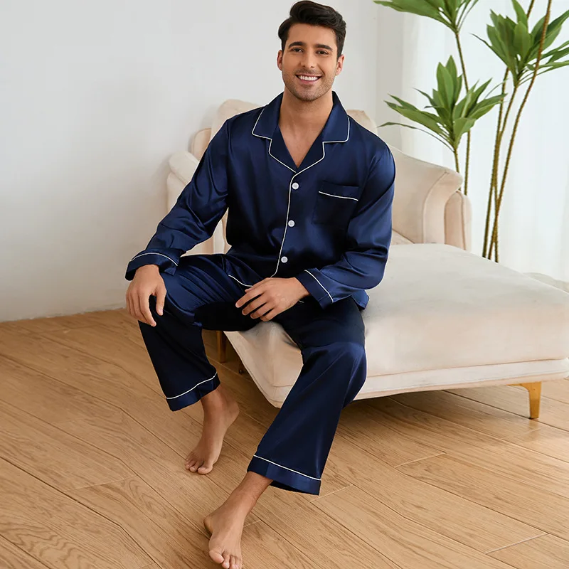 Pijamas masculinos de cor sólida 2 peças conjunto de pijamas primavera outono manga longa calças terno solto gelo seda cetim lounge wear