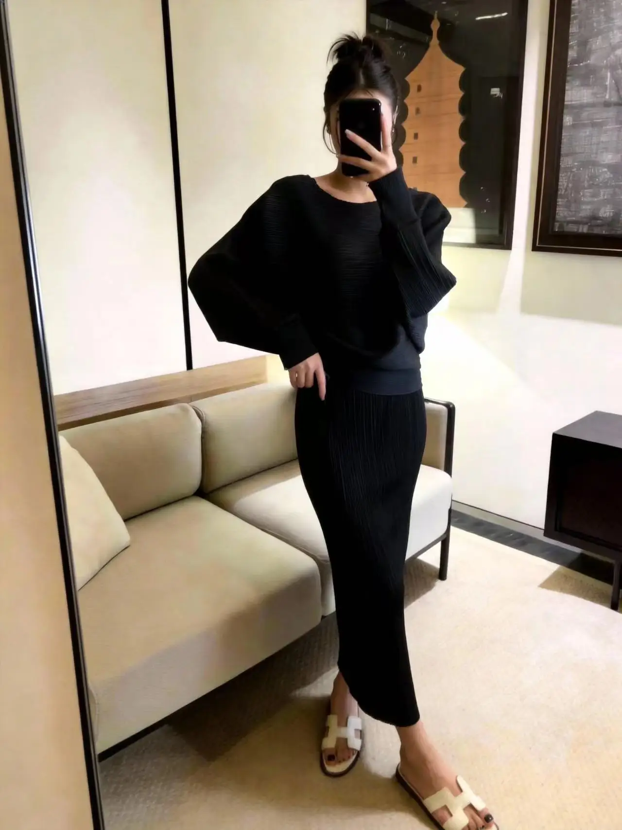 

Spring New plus Size Pleated Long Sleeve Pure Color Striped Top And Half Skirt Two Piece Set Elegant Ladylike Style Ensemble