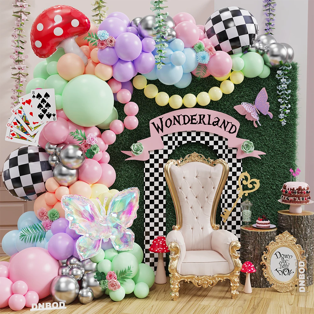128 قطعة معكرون العجائب بالون جارلاند عدة فراشة الفطر احباط بالون الأخضر الوردي بالون عيد ميلاد الطفل دش ديكور الحفلات
