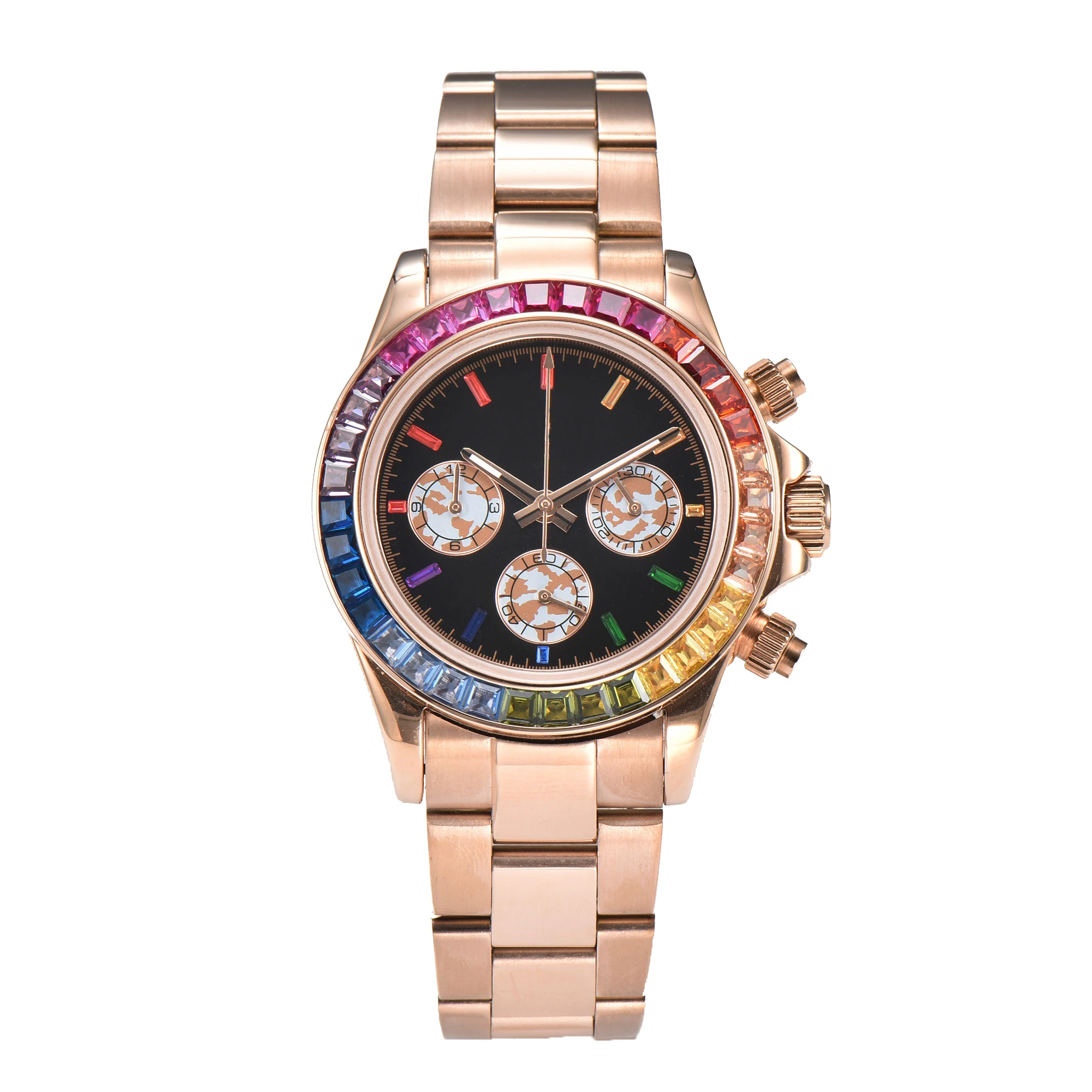 40mm Custom LOGO VK Series63 Movement Colorful Diamond Gemstone Bezel Quartz Watch Man Sports Three Eye Dial Sapphire 316L Steel