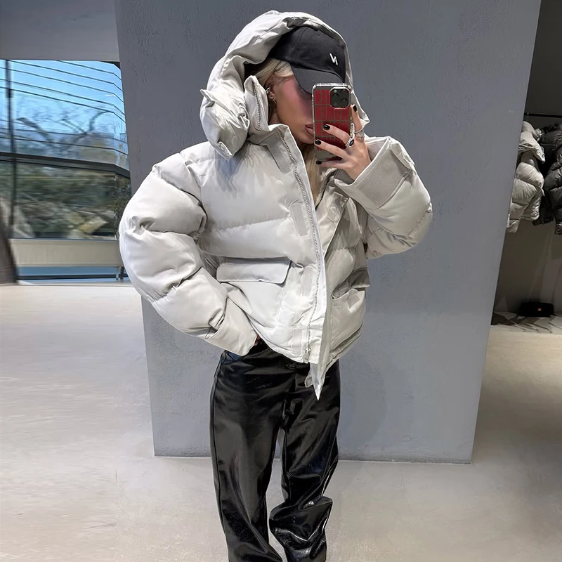 Kapuzenjacke mit Großen Taschen, Übergroße Gefütterte Jacken für Damen, Street-Style, Stehkragen, Lange Ärmel, Reißverschluss, Einfarbig, Lose Pufferjacken, Neue Oberbekleidung – Detail 22