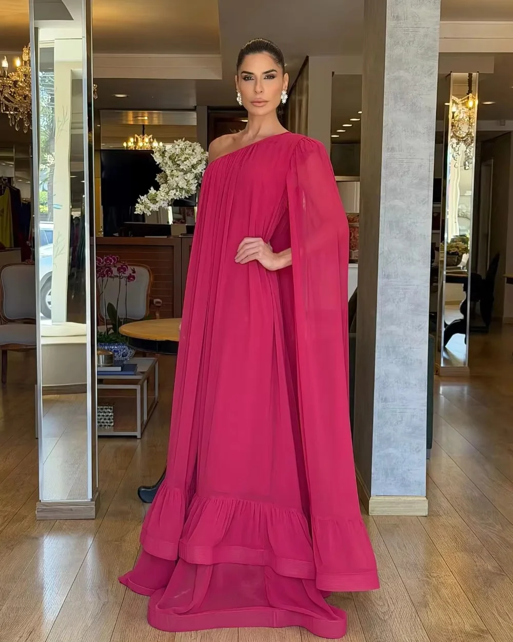 

Fuchsia Chiffon Long Bespoke Occasion Gown Evening Dresses Pastrol Unisex Jersey Retro Dubai Saudi Arabic Prom Customized