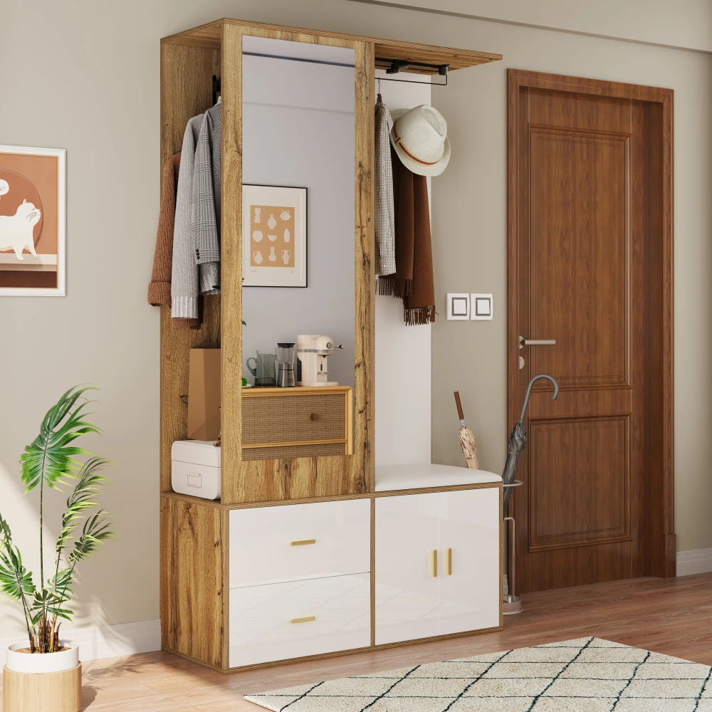 PINGGO Edles Garderoben-Set mit Spiegel, Schuhschrank, Schuhbank mit Haken, ausziehbarer Kleiderstange in Weiß und Holzfarben – Detail 3