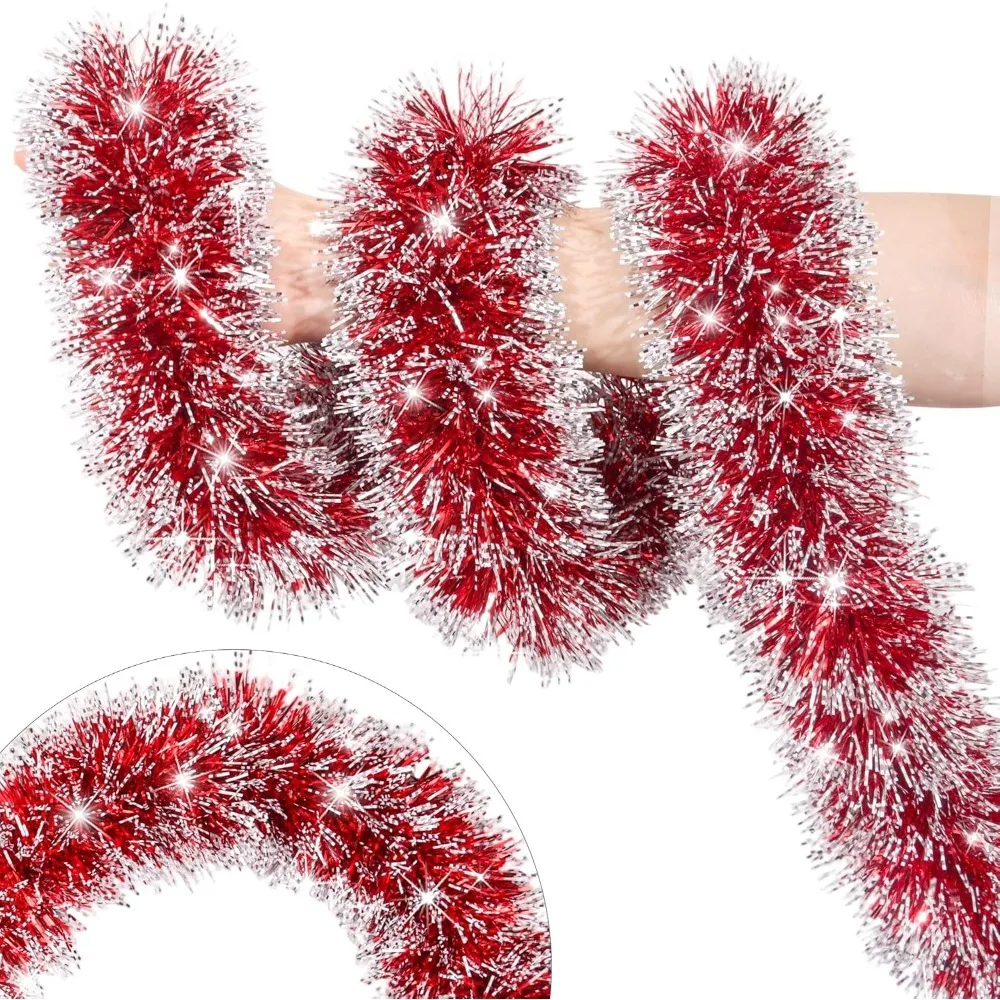 

Красно-белая рождественская гирлянда с мишурой, рождественские украшения, толстые металлические поворотные блестящие подвесные гирлянды с мишурой для декора рождественской елки