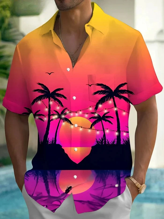 New Men's Neon Coconut Tree Hawaiian Shirts Fashion Tropical Beach Short-sleeved Summer Shirt Men Button Casual Vacation Blouses