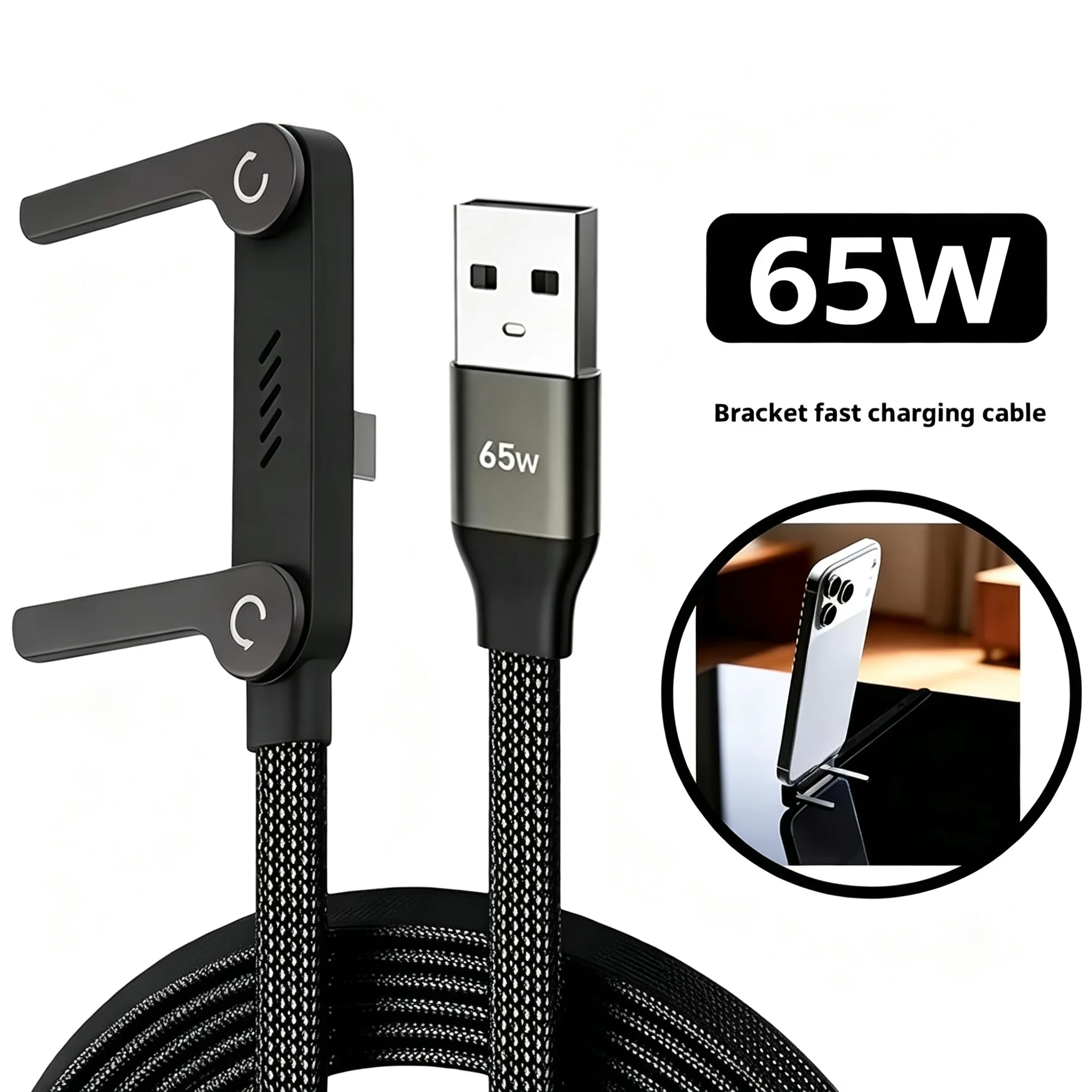 2 in 1 65W Foldable Bracket USB Type C Fast Charging Cable For iPhone 15 16 Plus 17 Samsung  Xiaomi Redmi Quick Charge Data Wire