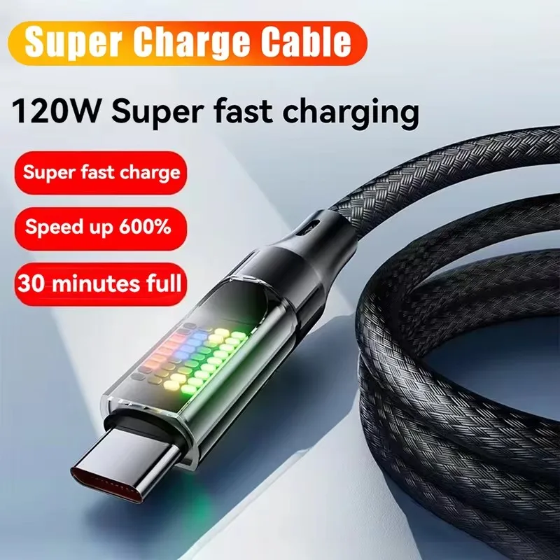 120W A6 Rapid Charge Cable 1Pc 6A USB-A To Type-C Strong Nylon Data Cord With Colorful LED Light USB C Cable For Samsung Xiaomi