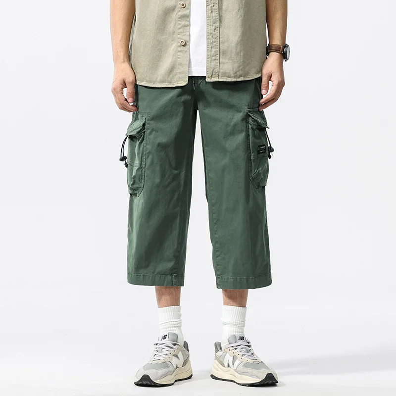 Men's Washed Cotton Workwear Cropped Pants, Elastic Waist, Multiple Pockets, Loose Straight-Leg, Casual Street Style