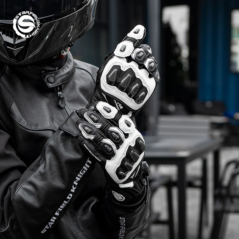 

SFK Motorcycle Gloves Racing Genuine Leather Knob Tightening Style Motorbike Road Riding Team Gloves Fingertip Touch Design