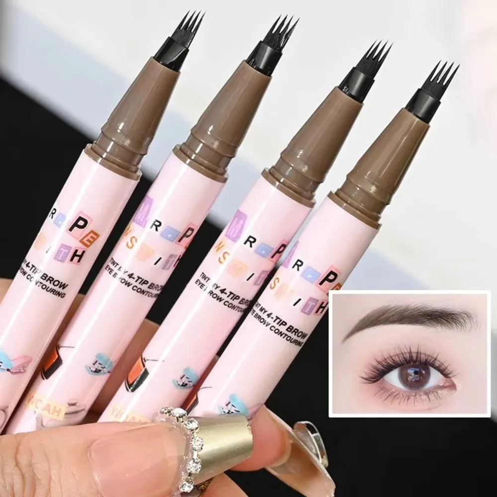 กันน้ํา 4 สีปากกาเขียนคิ้ว 4 เคล็ดลับส้อม Natural Dark Brown Liquid Eye Brow ดินสอเครื่องสําอางติดทนนาน Eyebrow Tattoo ดินสอ