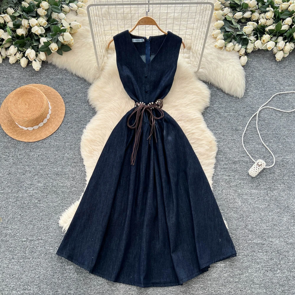 Chic vintage scollo a V senza maniche increspato sottile elegante fata moda coreana Boho vestito estivo abbigliamento donna Abito lungo