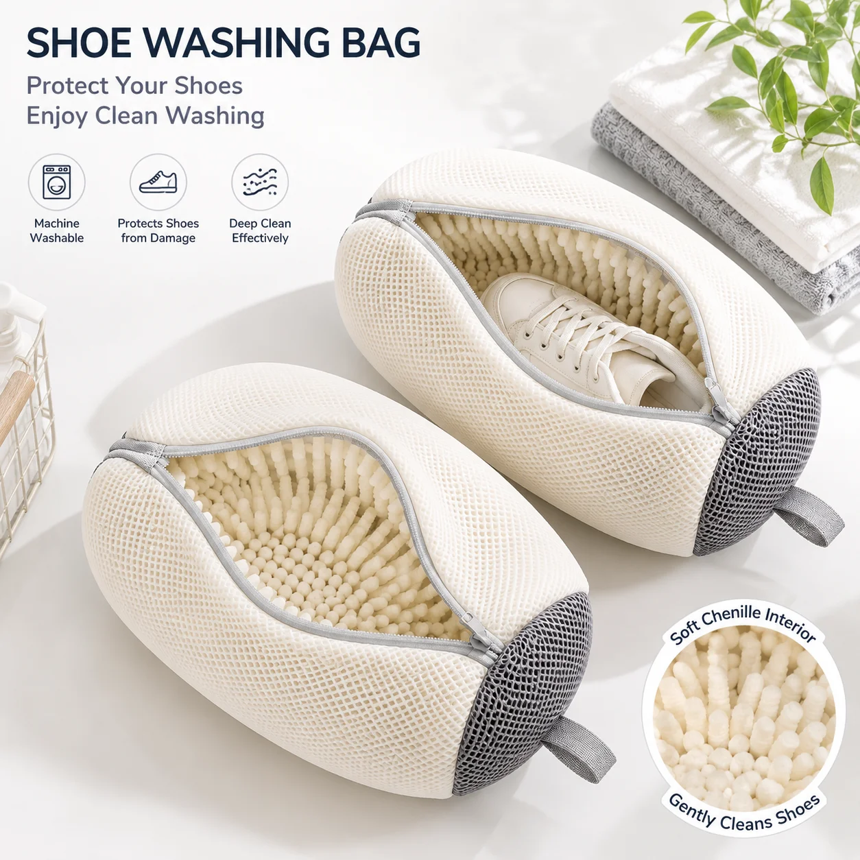 2‑Pack Reusable Shoe Laundry Washing Bag, Breathable Mesh Sneaker Cleaner Pouch with Soft Chenille Inner Lining, Zipper Shoe‑Washing Protector Bag, Safe Shoe Cleaning For Washing Machine, Home‑Use Laundry Tool