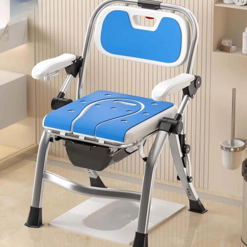‌Folding Toilet Shower Chair 4-Level Adjustable Bath Stool with Extra-Wide Seat Detachable Bucket for Elderly/Pregnant Home Use