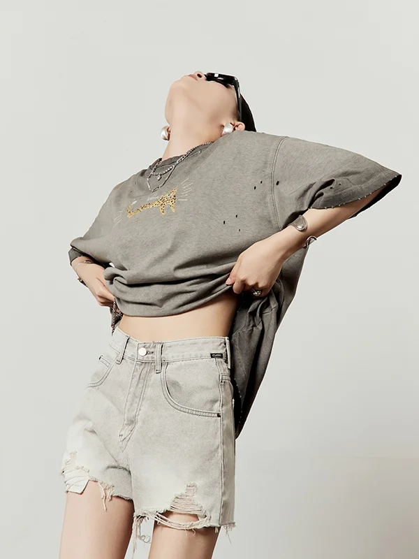 

Ретро-комплект из футболки и джинсов для женщин: летний, новый, с эффектом выцветания, повседневный, из двух предметов, для взрослых женщин