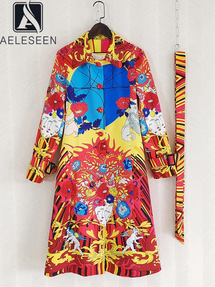 

AELESEEN Runway Fashion Long Women Trench Coat Autumn Winter Red Flower Cartoon Print Turn-down Belt Full Sleeve Casual Trench