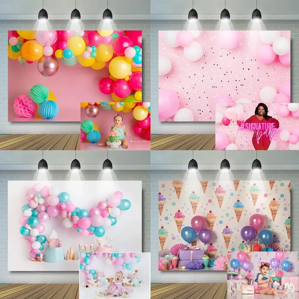 Kids 1st Birthday Backdrop Bathroom Balloons Child Portrait Cake Smash Photography Background Pink Props Vinyl Photo Studio