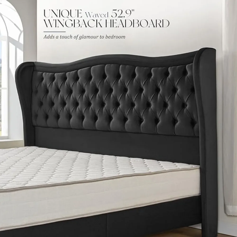 Bed Frame, Velvet Wingback Upholstered Beds with Deep Button Tufted Headboard & Footboard, Bed Frame