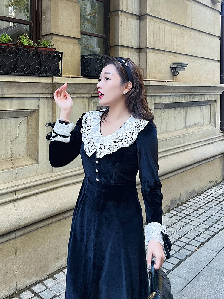 

plus Size Velvet Dr with Ruffle Patchwork A-Line Skirt High Waist Zipper Closure Long Sve Spring Summer Autumn Faion