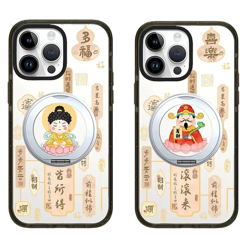 Cartoon God of Wealth Rotating Stand Black Border iPhone 14 15 16 Pro Max Case - Protective iPhone Case