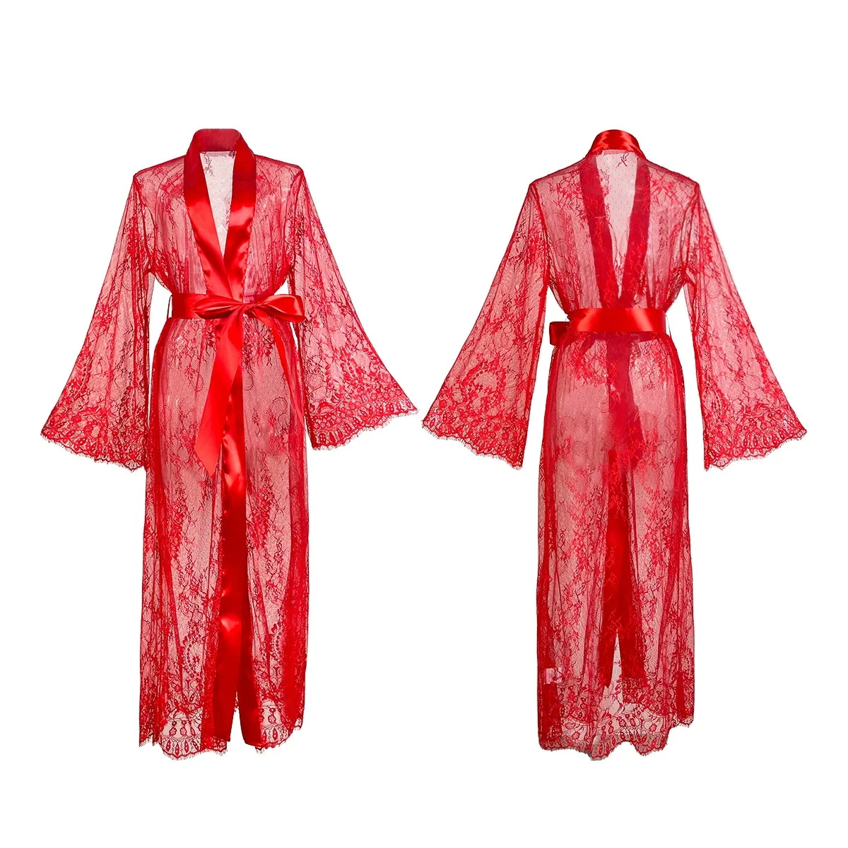 เซ็กซี่สตรีชุดชั้นในลูกไม้ยาวตาข่ายดูผ่านชุดนอน Nightdress สีขาว Nightgown Robes ชุดนอน Loungewear