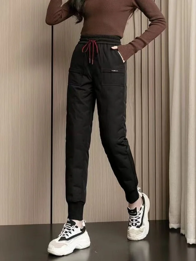 Pantalones informales de invierno de cintura alta para mujer, pantalones de algodón du abajo, pantalones largos rectos de tubo, pantalones cálidos y cómodos