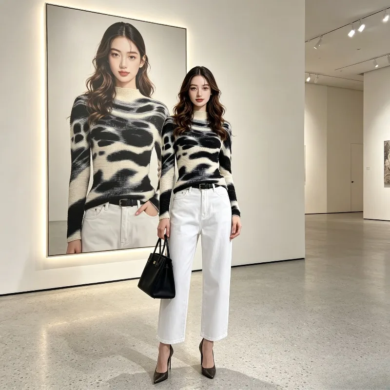Miyake Pleated 2026 Top for Women Unique Design Fashionable Elegant High Neck Slim Fit Stretchy Base Shirt Long Sleeve T-Shirt