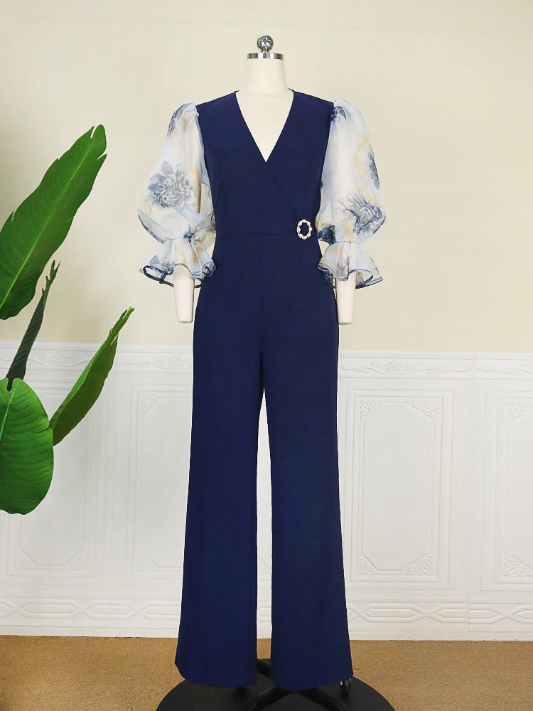 Navy Blue Jumpsuits Sexy V Neck Floral Lantern Sleeve Patchwork One Piece Outfit Bodycon Office Lady Evening Cocktail Party New