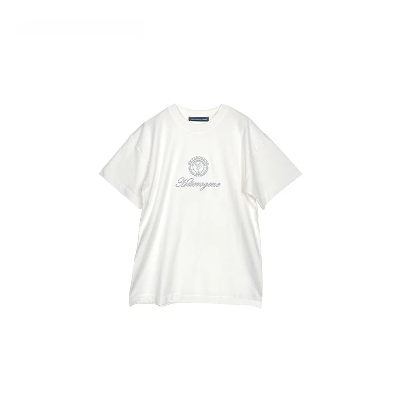 

OrdinaryTimes Loose T-irt with Gold Tead Embroidery Pattern Casual Sle ort Sve Cotton Top for Women Summer 2024