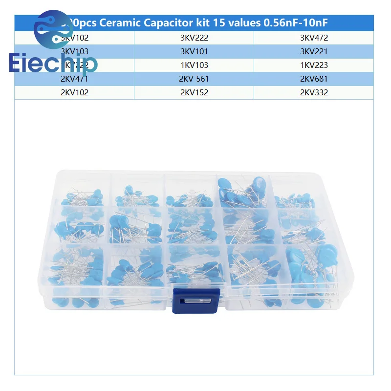 300pcs/box 1KV 2KV 3KV High Voltage Ceramic Capacitors Assortment Kit Box 1nF 2.2nF 10nF 22nF 0.47nF 102 222 472 103 223 152 332