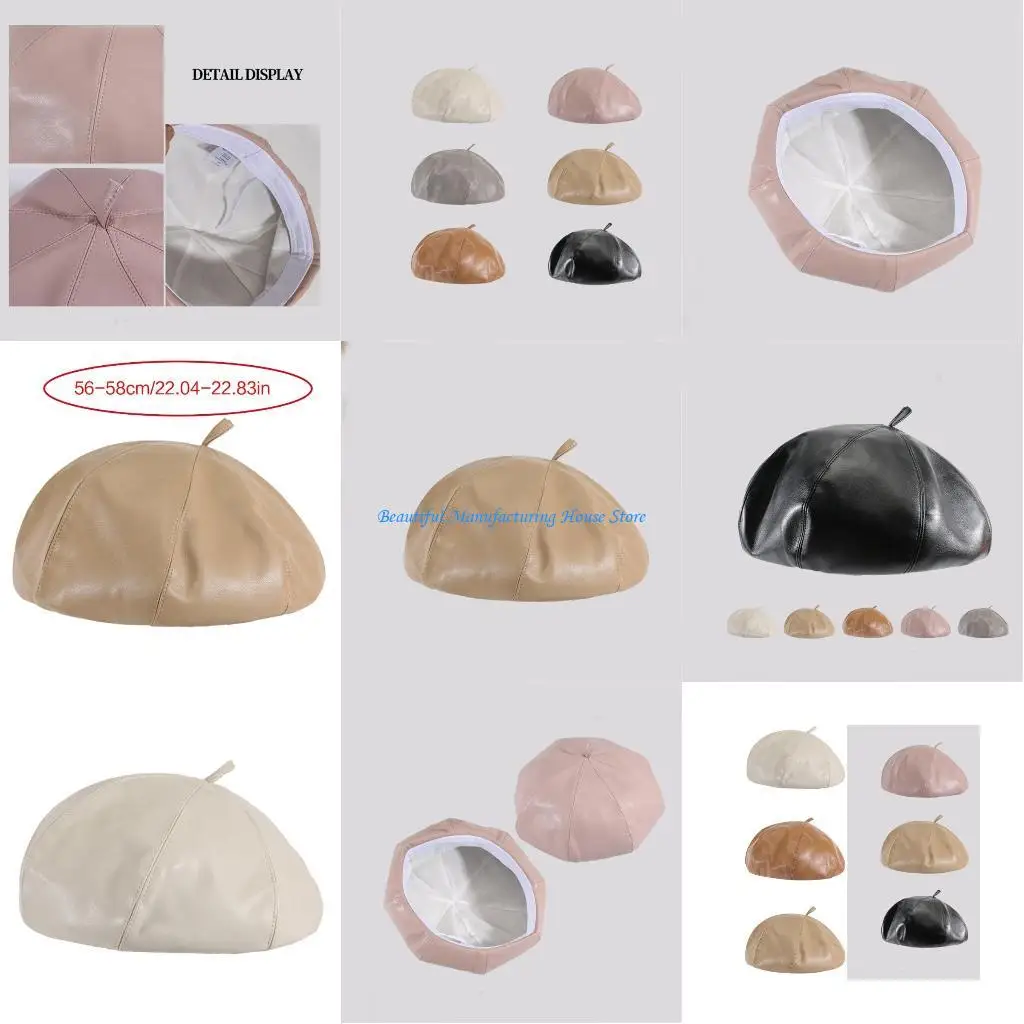

E56A Female Hat Teens Girl PU Bonnet Cap Cool Octagonal Hat Spring Waterproof Hat Women Headwrap Fashion Painter Cap