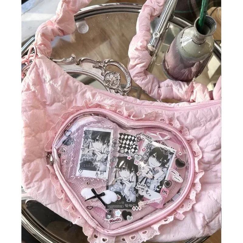 Love Heart Lolita Jk Ita Bag Drawstring Ballet Style Sweet Pink Cute Womens Shoulder Bag Pleated Fashion Female Handbag