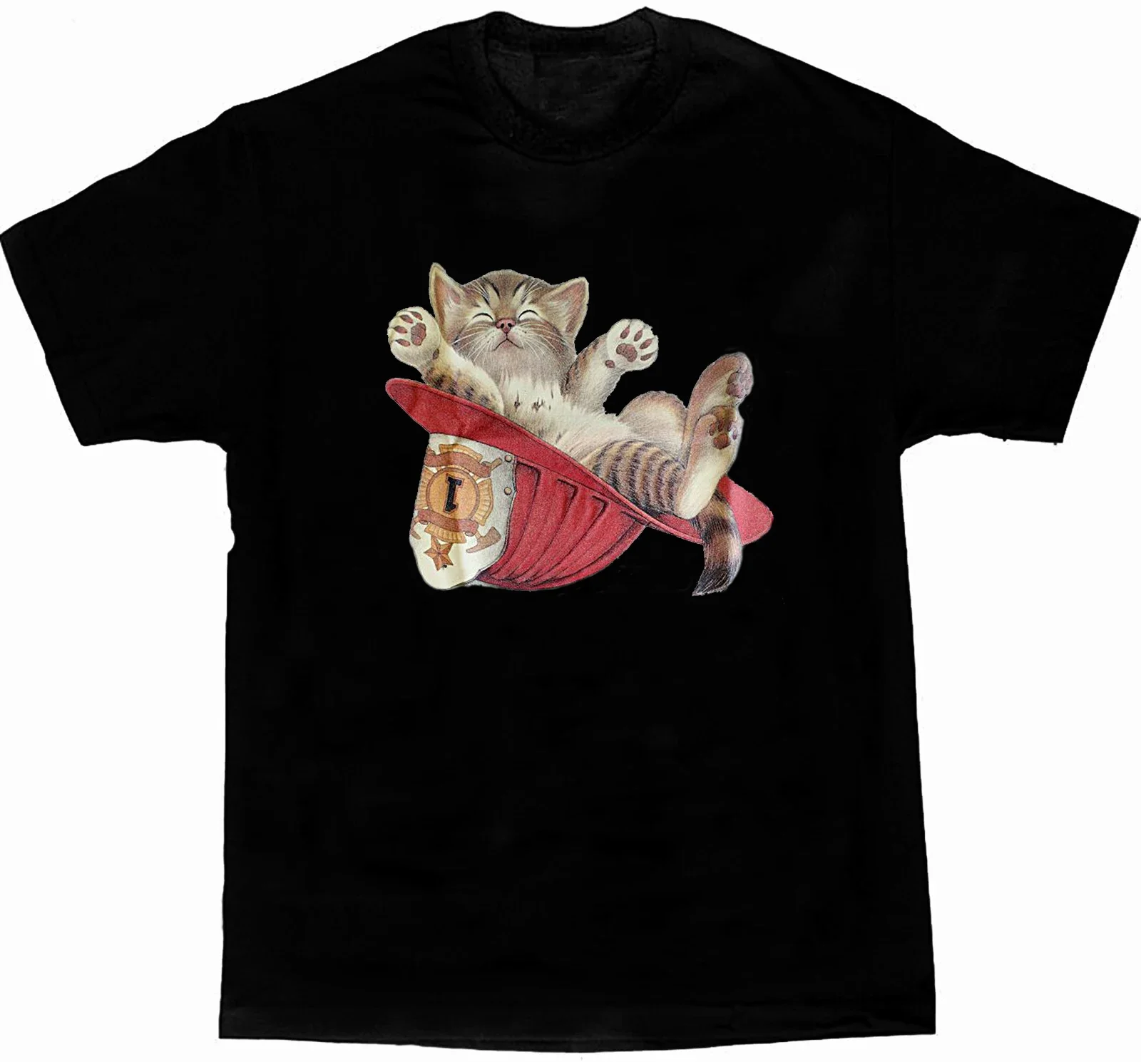 Cute Kitten Lies In Fire Hat. Funny Fireman Cat Lovers Gift T-Shirt 100% Cotton O-Neck Short Sleeve Summer Casual Mens T-shirt
