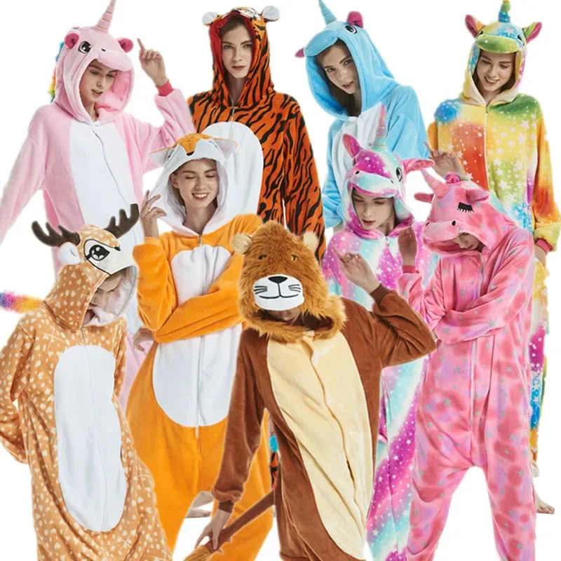 Factory Direct Sale Animal Kigurumi Unicorn Tiger Lion Fox Sika Deer Onesie Pyjamas For Adults Cosplay Costume for Halloween