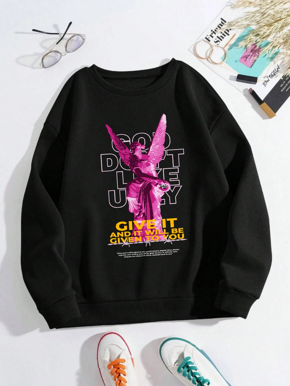 

God Don'T Like Ugly Sweatshirts Womens Art Graphic Printed Hoodie Crewneck Loose Fleece Warm Tops Winter Sporty Woman Clothes