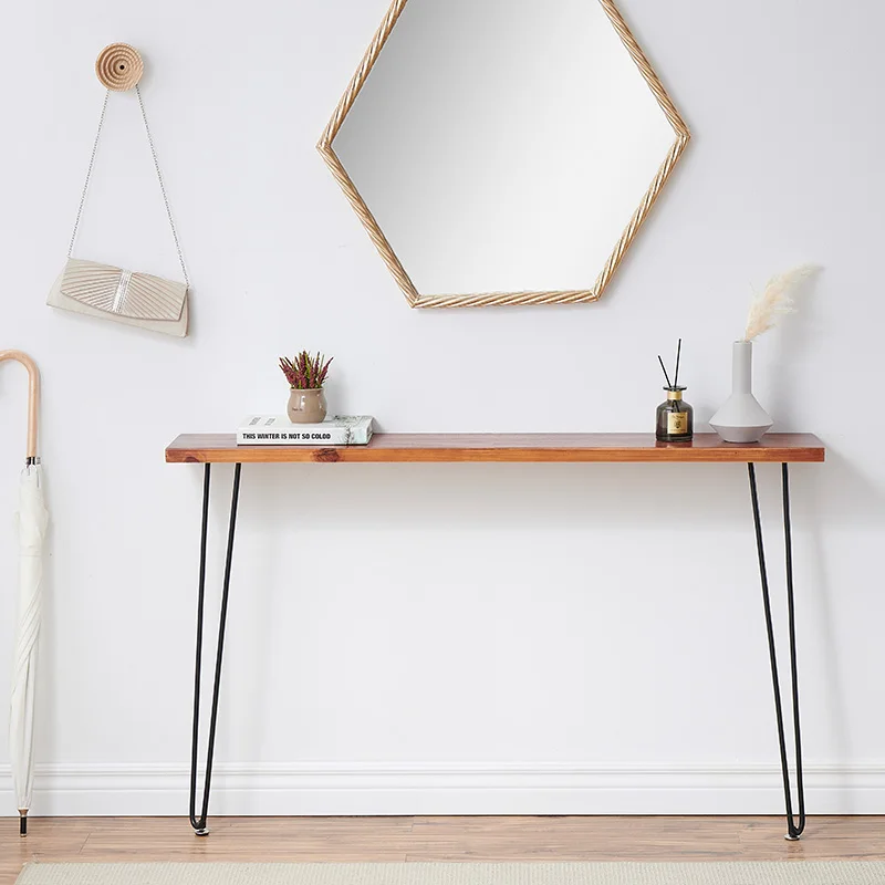 Solid Wood Narrow Entryway Table with Iron Console Hallway Desk Minimalist Foyer Desk for Small