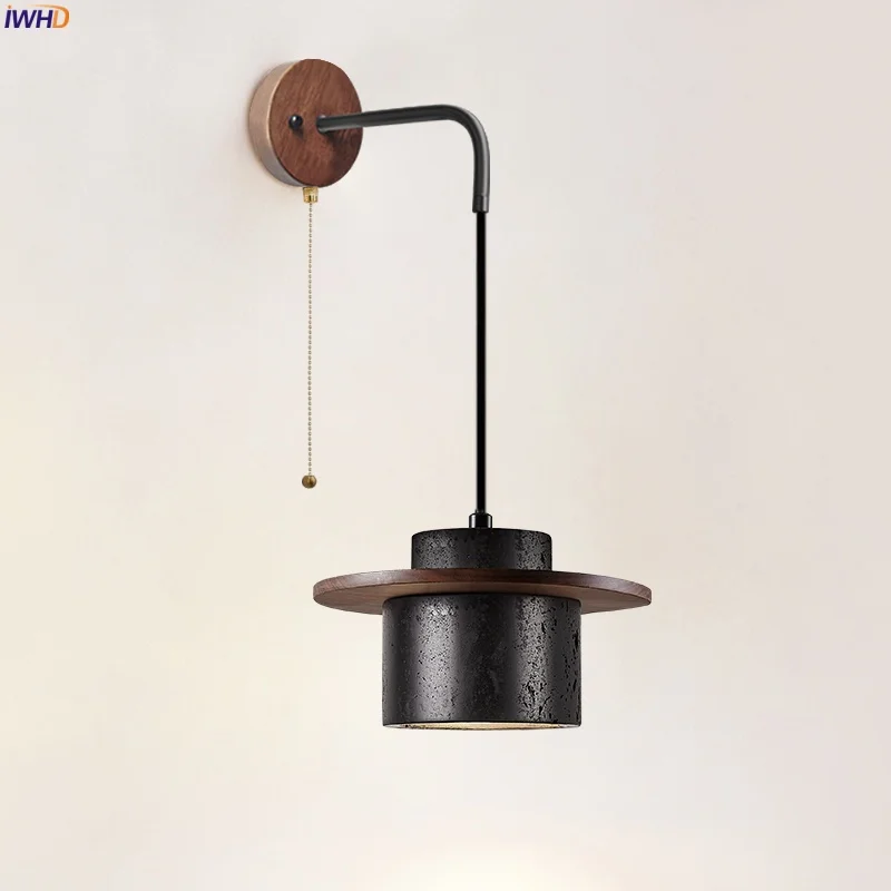 

IWHD Wood Stone LED Wall Light Stair Lighting Pull Switch 70CM Wire Adjustable Black Travertine Reading Bedside Lamps Wandlampen