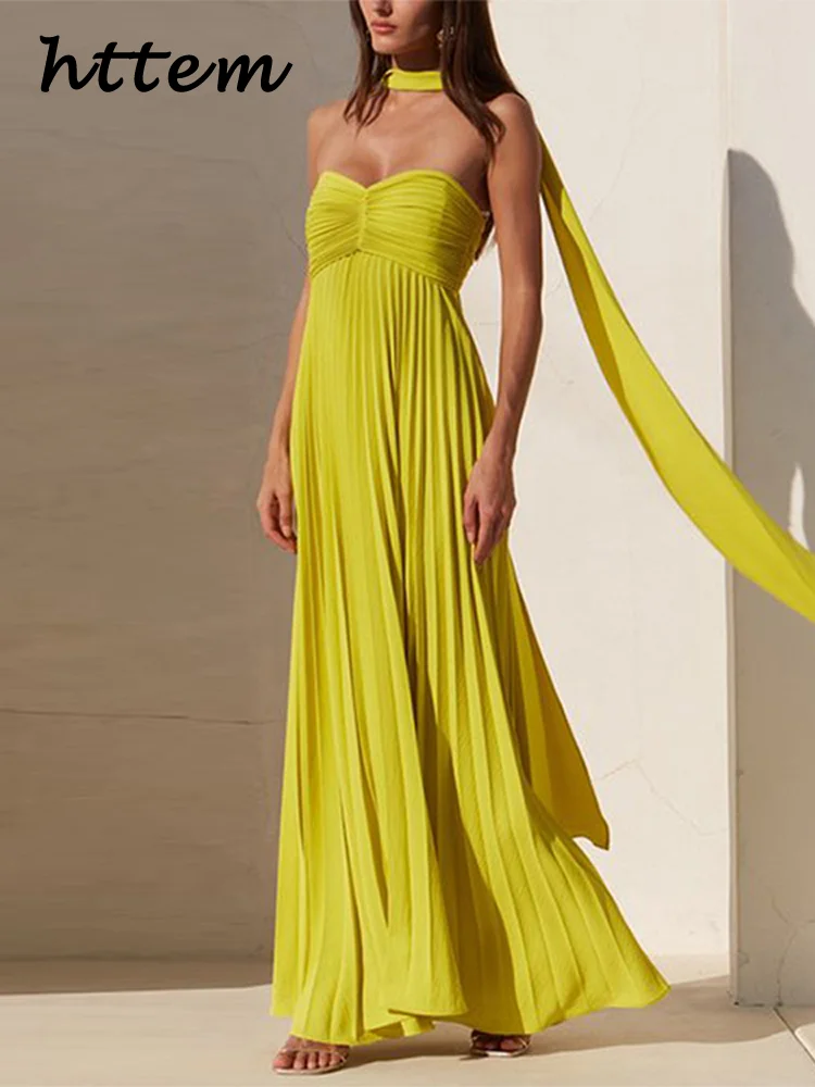 Elegant Strapless Ribbon Long Dress Women Sexy Sleeveless Backless Pleated Party Dresses 2024 Summer Lady Sexy Evening Robes New image 4