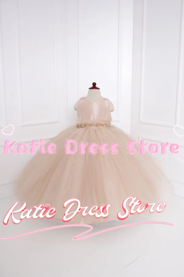 

Платье для девочек на свадьбу, из тюля, пышное, с бисером, без рукавов, элегантное, для дня рождения, первого причастия, бальное платье, на заказ