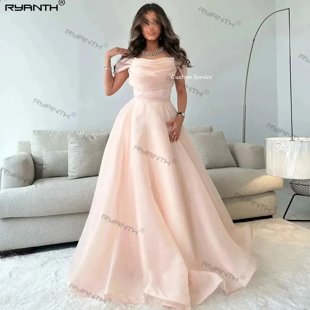 Ryanth Sky Blue Prom Dressess Organza Strapless Puffy Evening Dress Custom Simple A-line Pleat Saudi Arabia 2024