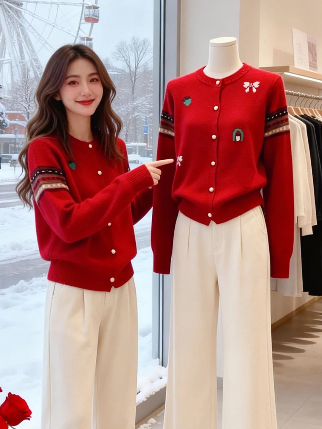 

Красный вязаный кардиган на одной пуговице с вышивкой, женский, повседневный, свободного кроя, мягкий, с длинными рукавами