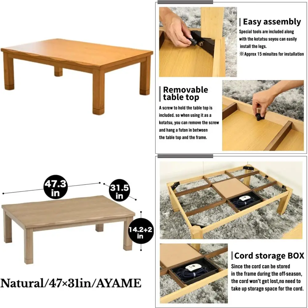 

Japanese Style Electric Heated Kotatsu Table - Wooden Chabudai Furniture for Dining and Work with 120V Heater