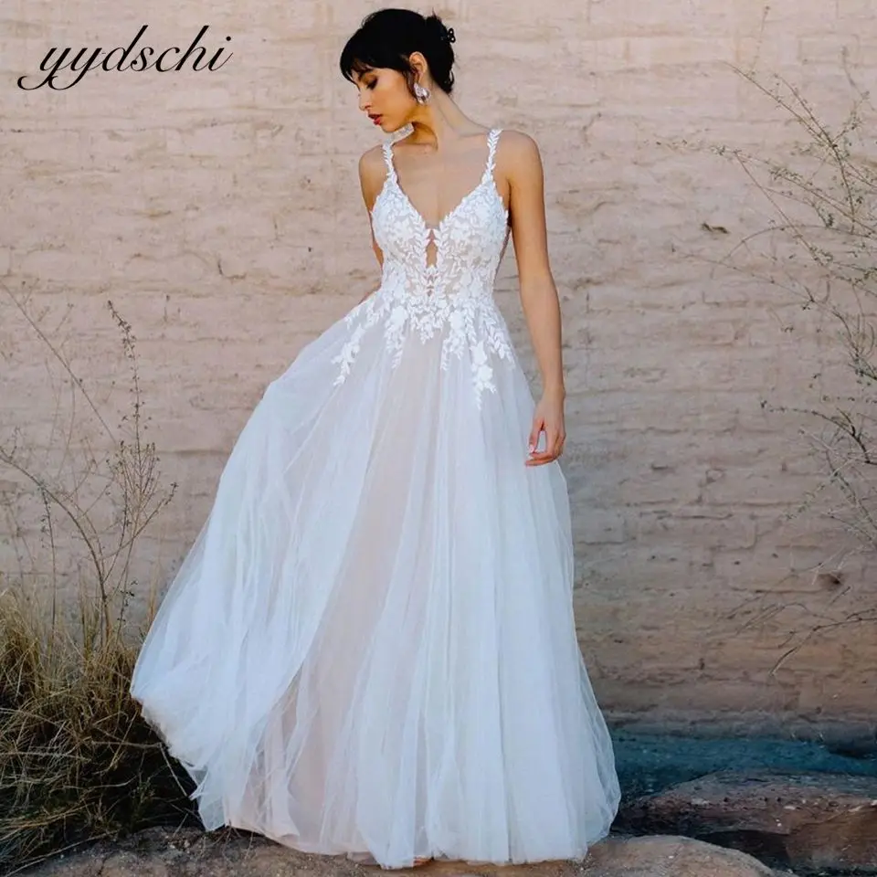 Abiti da sposa bianchi eleganti bohémien personalizzati 2025 Abito da sposa da spiaggia con scollo a V senza spalline Appliques Vestido De Noiva