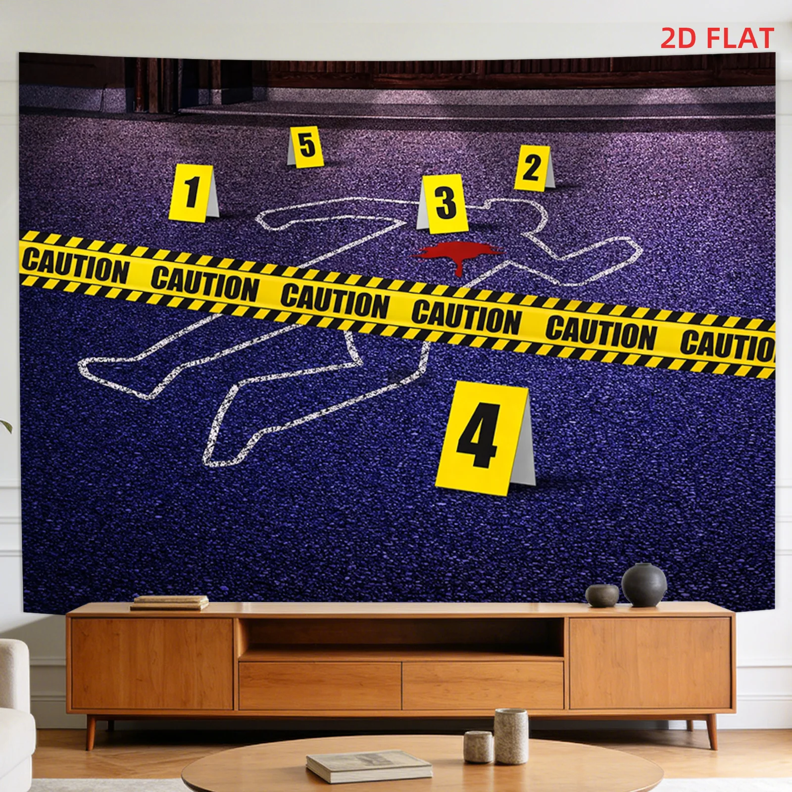 Crime Scene Tapestry, Chalk Body Outline Wall Hanging, Caution Tape Decor, True Crime Room Blanket, Mystery Party Backdrop