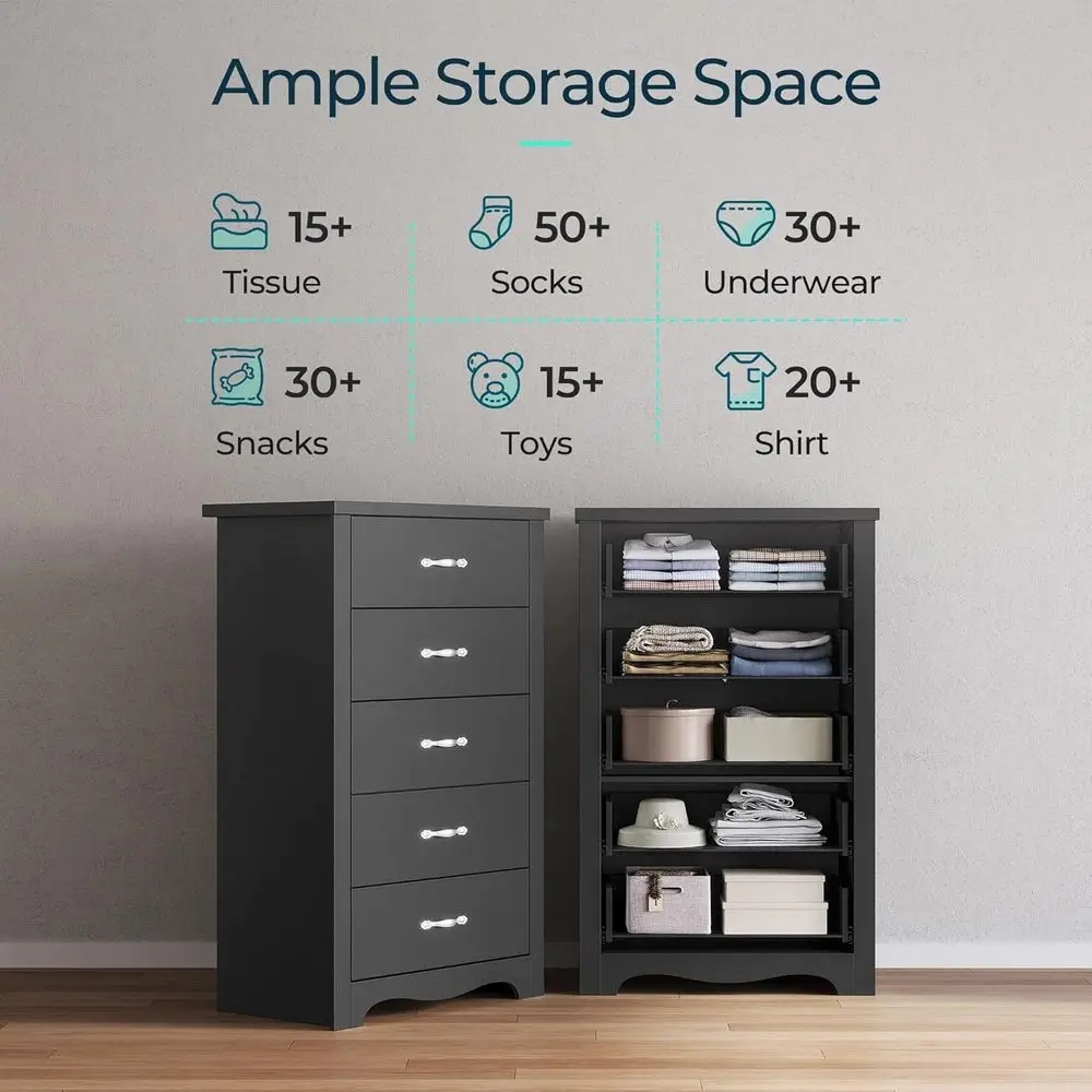 DAFIFY 背の高い寝室用ドレッサー、大きな引き出し、金属製のハンドル、リビングルーム、廊下用の木製収納キャビネット - ブラック